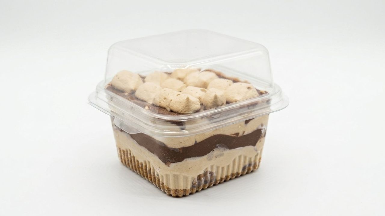 Creamy layered chocolate and vanilla dessert in a clear plastic container with a secure lid.